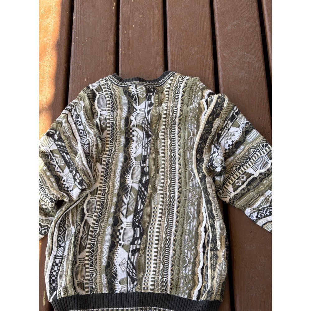 Vintage J. Ferrar 90s Textured 3D Knit Sweater Khaki Green Mens Medium #732966 - Picture 2 of 8